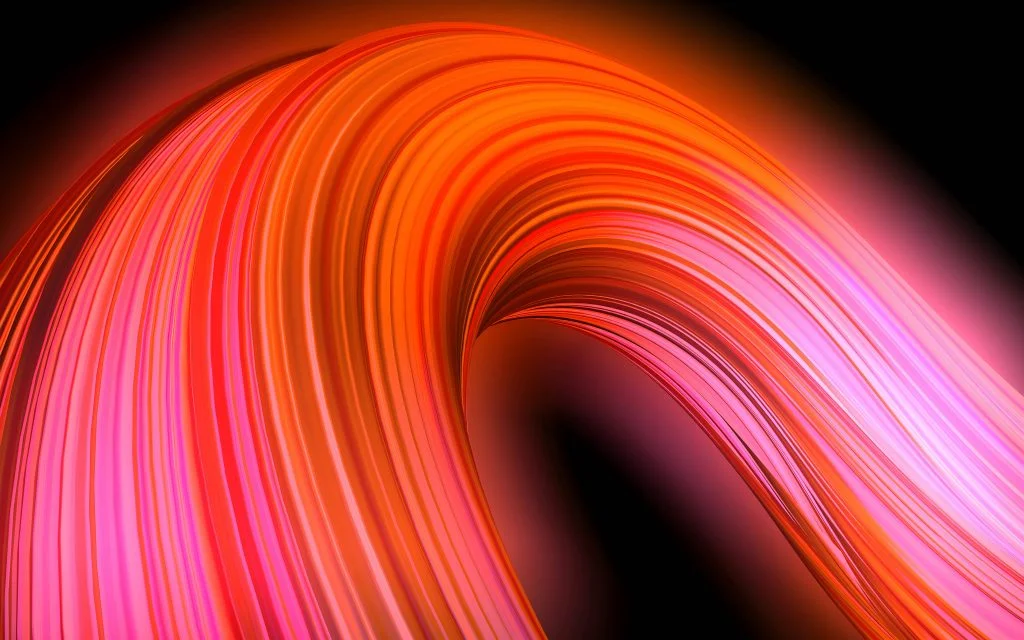 Abstract digital art of thousands of thin glowing strands in orange, red and pink bundled into a single sweeping arch against a black background.