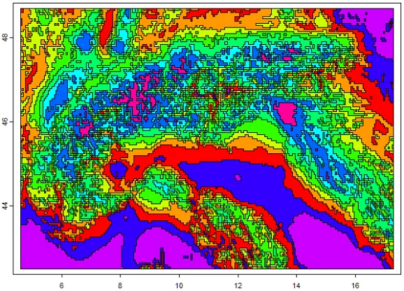 Map showing 10 species classes over the European Alps, using two CHELSA bioclimatic layers