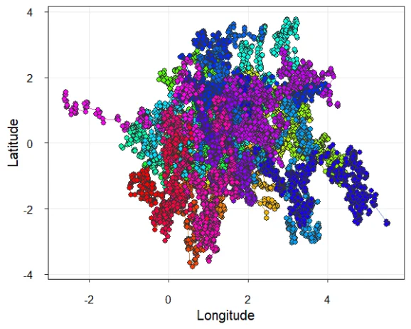 Map showing simulated movement patterns