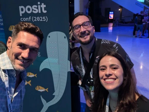 Luis D. Verde Arregoitia, Diana Garcia Cortes, and Mauro Lepore at the Georgia Aquarium after the 2025 Posit conference in Atlanta, USA