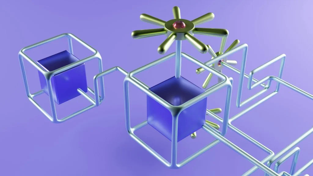 3D illustration of translucent blue cubes inside silver wireframe containers, linked by piping and topped by gold ship's-wheel shapes.