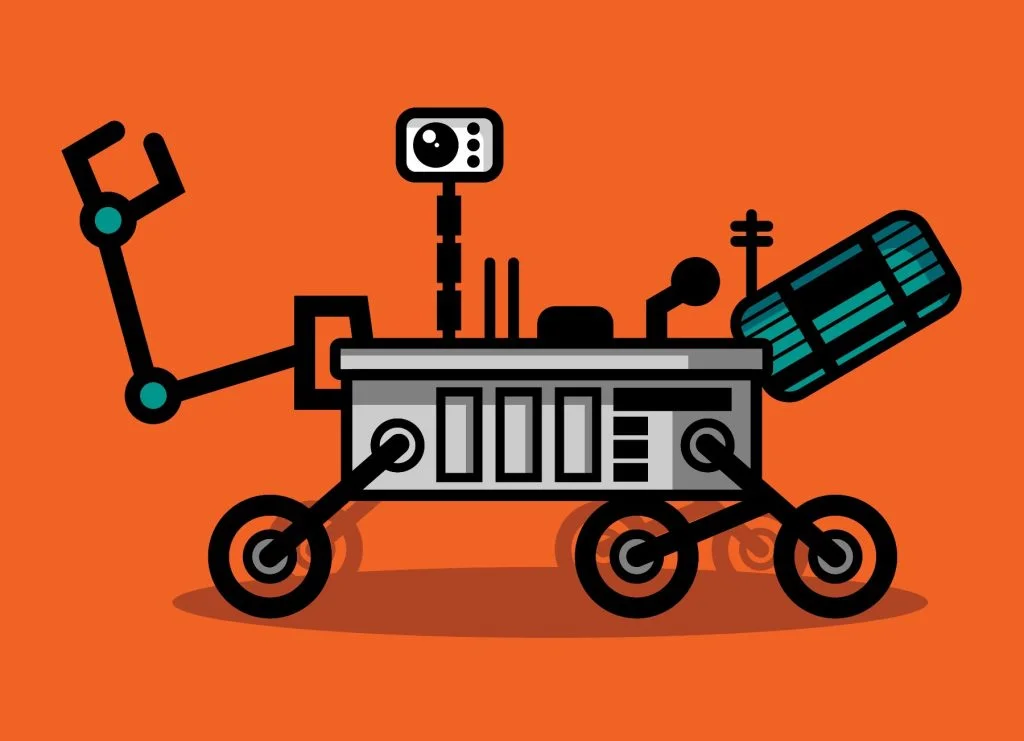 A robotic rover on an orange background, depicting AI and observability.