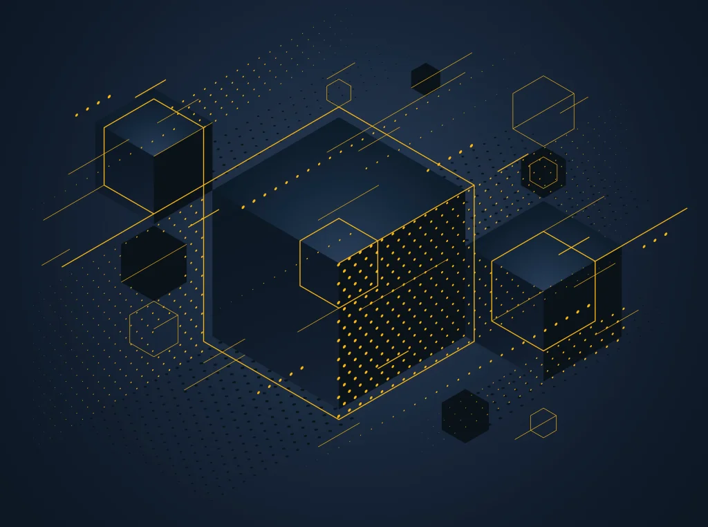 Abstract illustration of dark blue cubes outlined in yellow, surrounded by diagonal lines and dotted patterns.