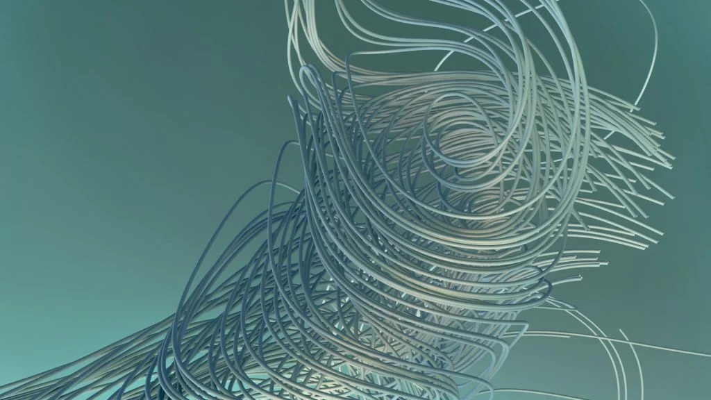 Abstract tangled blue cables forming a chaotic vortex representing complex AI security systems.