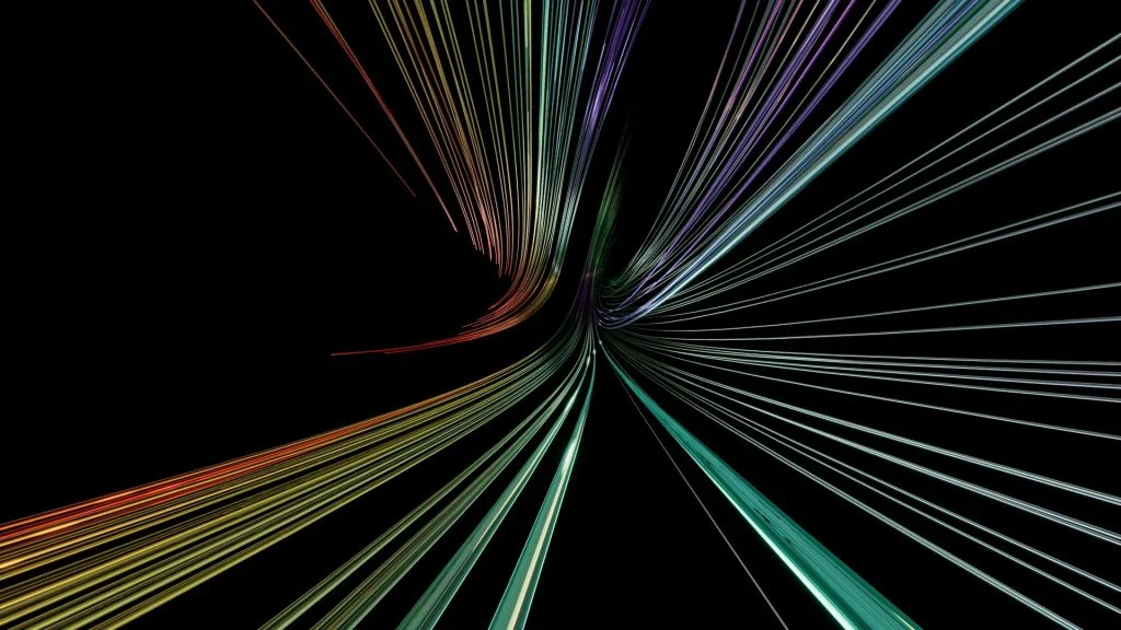 Abstract digital art of multi-colored data streams converging, representing AI software engineering and code review workflows.