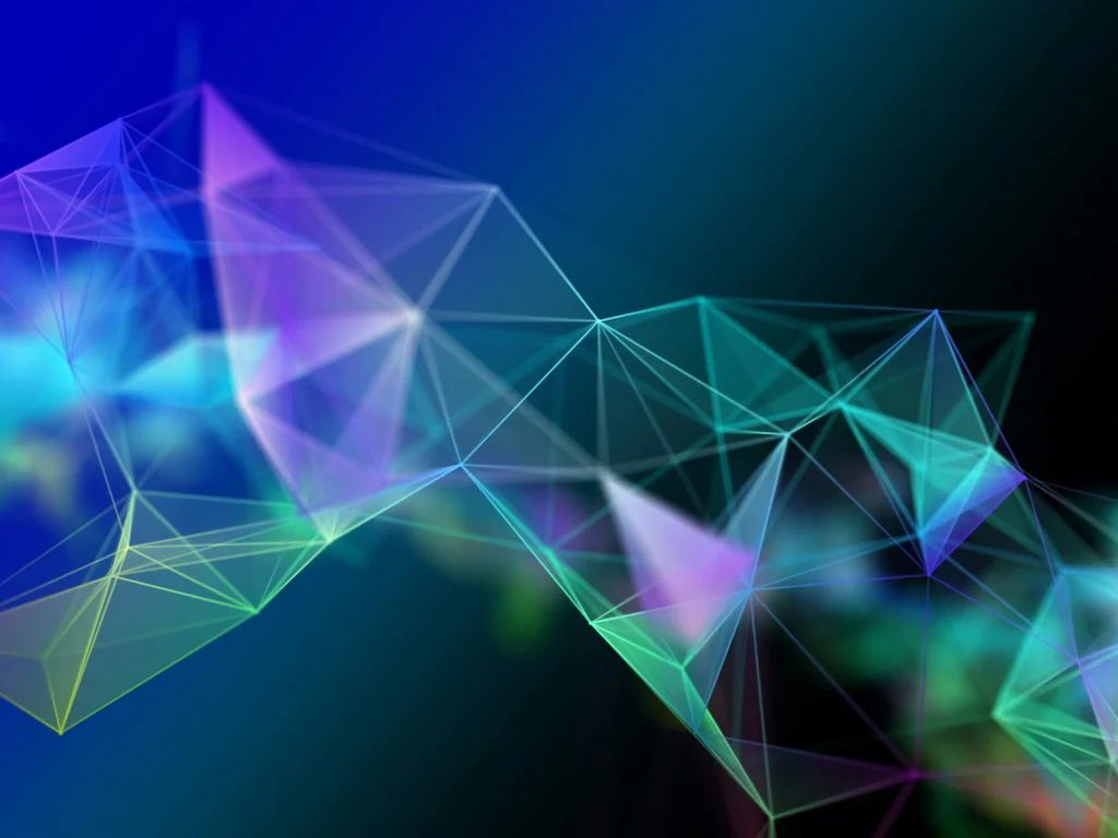 Abstract 3D render of a low-poly wireframe mesh in purple, teal and green, with translucent triangular facets connected across a dark blue background.
