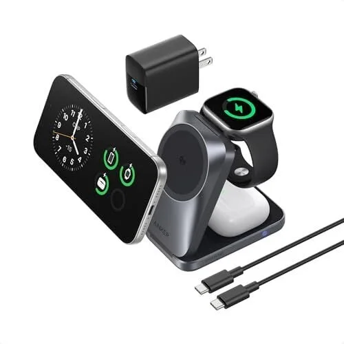 Anker Prime 3-in-1 Wireless Charging Station, MagSafe Charger Stand Compatible, Qi2.2 25W Certified Palm-Sized Foldable Charger for iPhone 17/16, Apple Watch, AirPods (Non-Battery, Adapter Included)