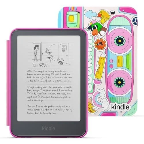 Amazon Kids Kindle 16GB (newest model), Now thinner and lighter, 6" glare-free display, weeks of battery, includes 1 year of books and Bookman cover